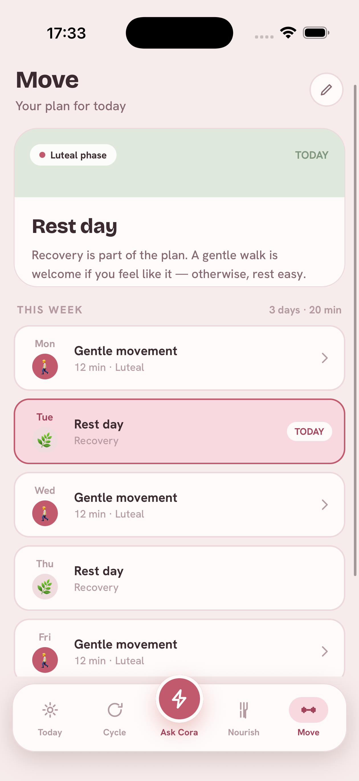 Movement plan screen in the PCOS Tracker app with cycle-phase-aware workouts and rest days