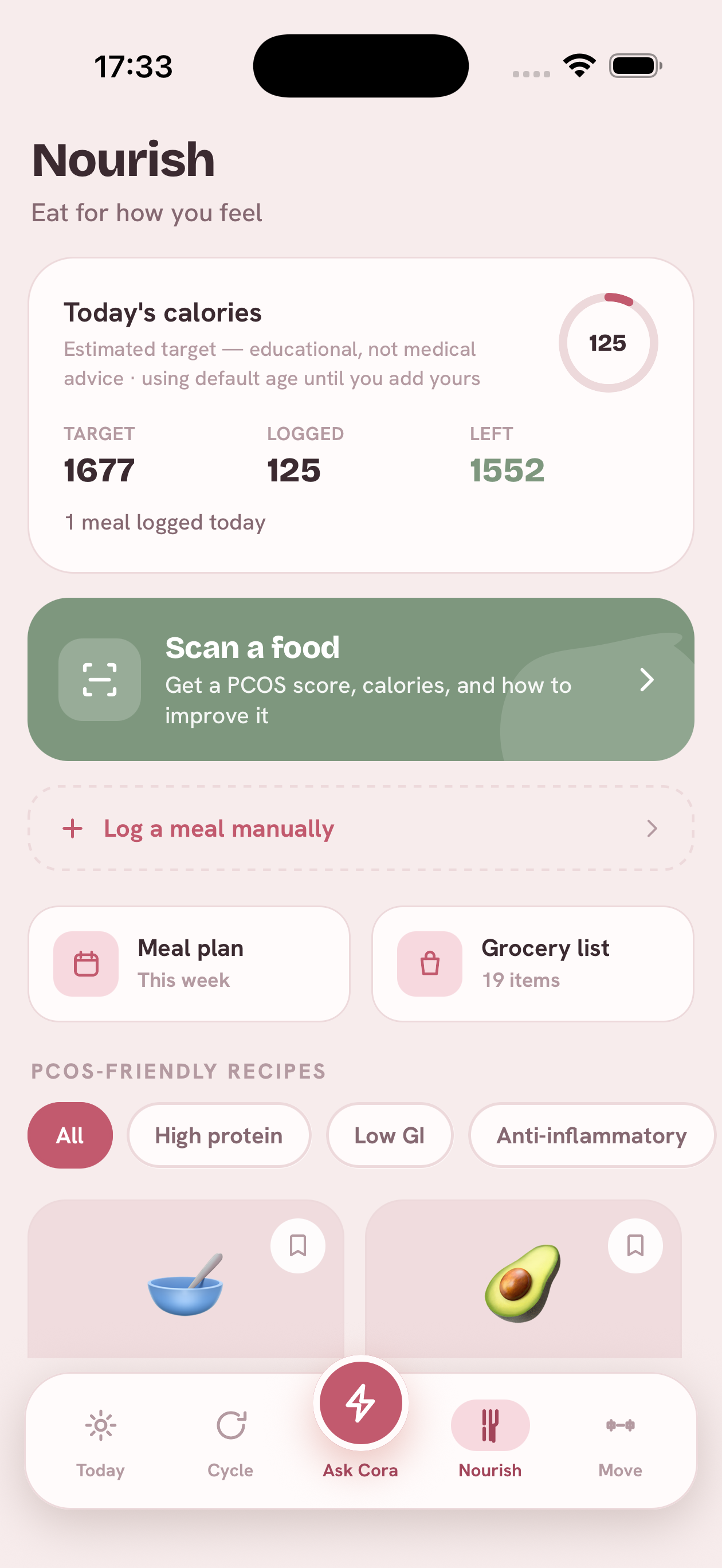 Nutrition screen in the PCOS Tracker app showing PCOS-friendly recipes and a food scanner