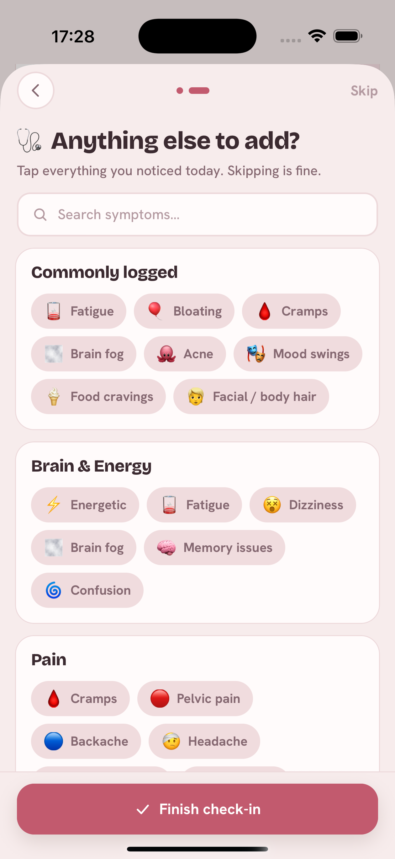 Daily symptom check-in screen in the PCOS Tracker app, with common PCOS symptoms grouped for quick tapping